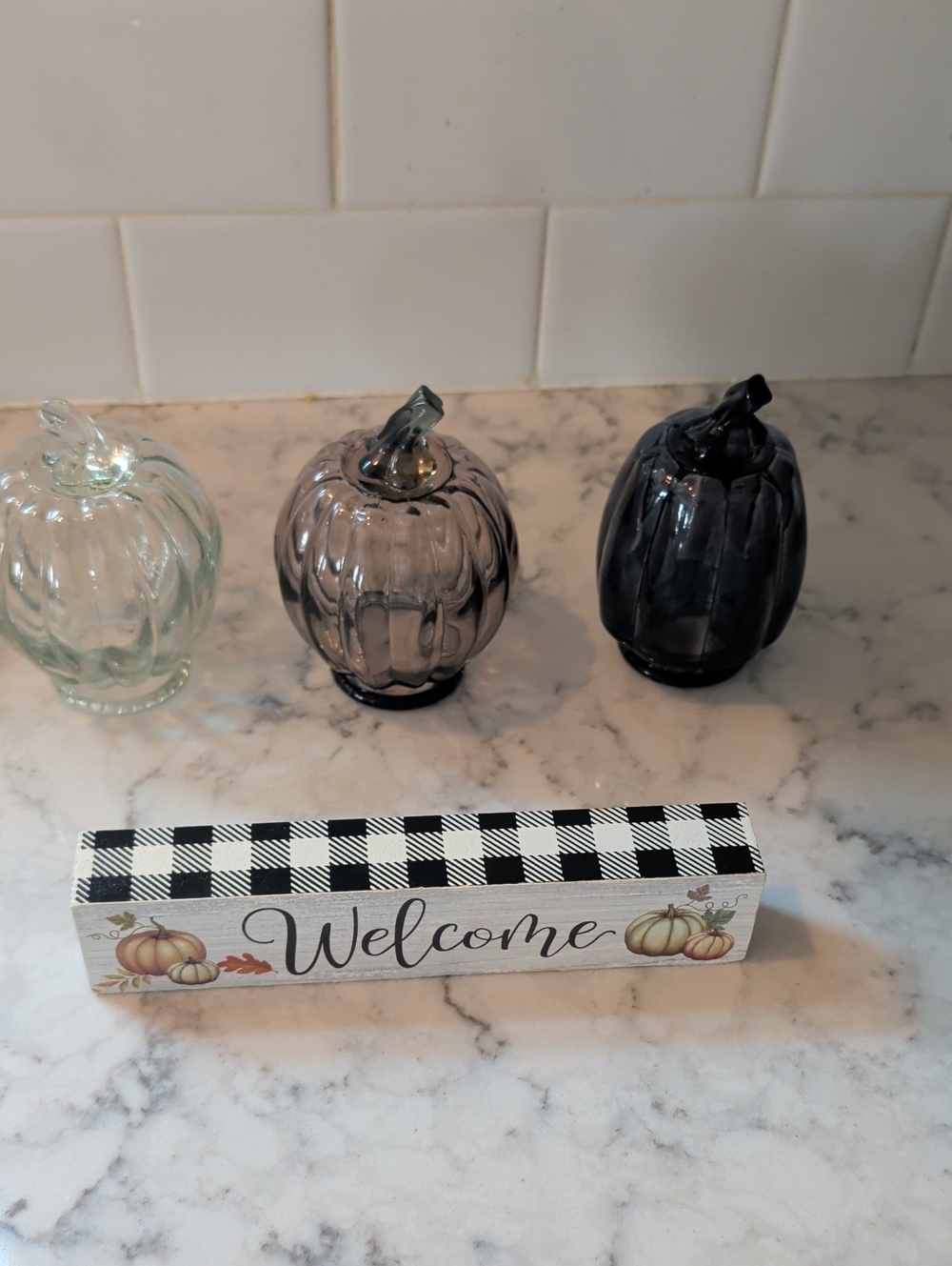 Glass Pumpkins And Sign